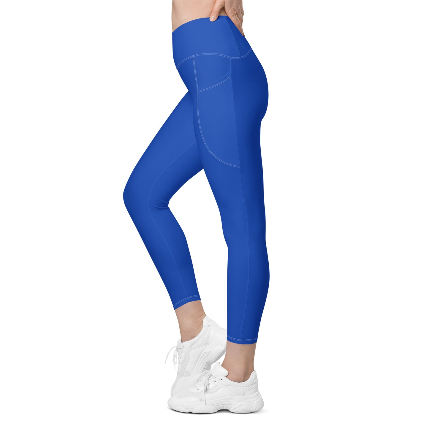 Borno Solid Blue Crossover Waist 7/8 Recycled Yoga Leggings / Yoga Pants with Pockets