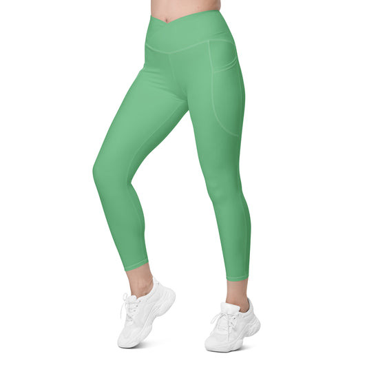 Marbella Solid Green Crossover Waist 7/8 Recycled Yoga Leggings / Yoga Pants with Pockets