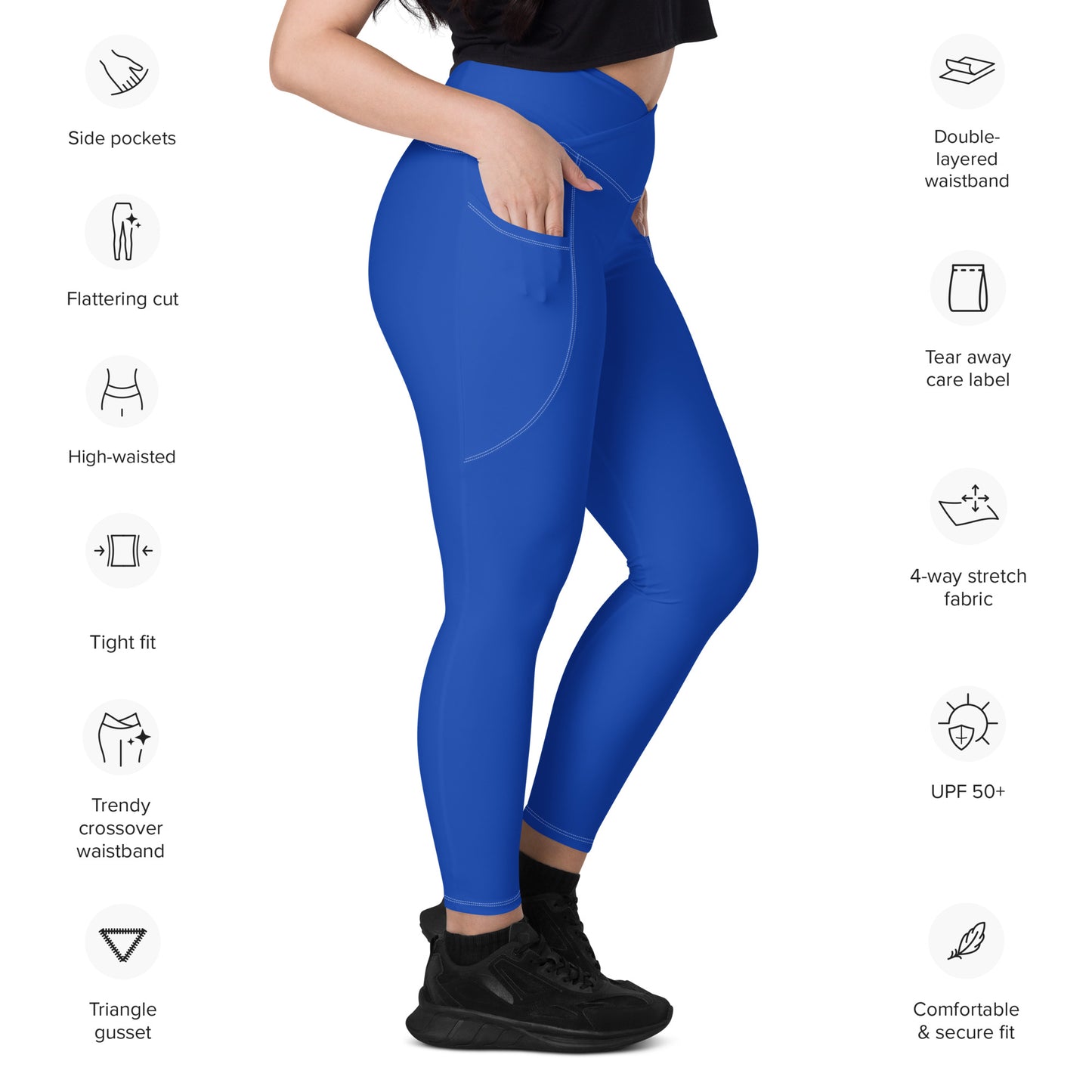 Borno Solid Blue Crossover Waist 7/8 Recycled Yoga Leggings / Yoga Pants with Pockets