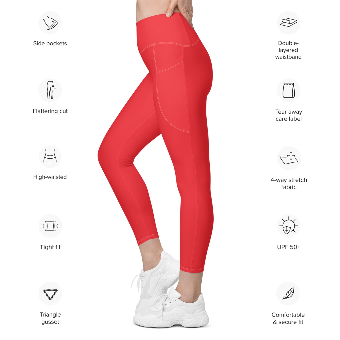 Nord Solid Red High Waist 7/8 Recycled Yoga Leggings / Yoga Pants with Pockets