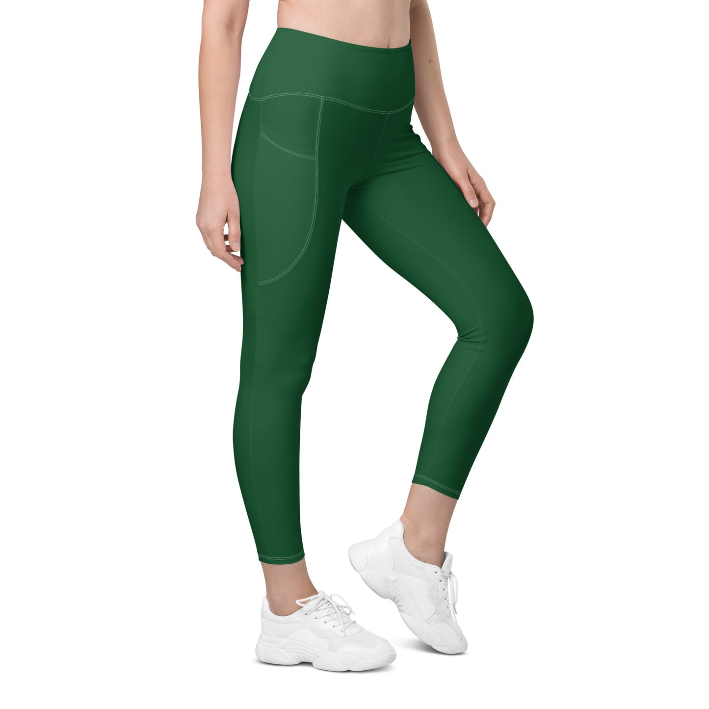 Edelweiss Solid Green High Waist 7/8 Recycled Yoga Leggings / Yoga Pants with Pockets