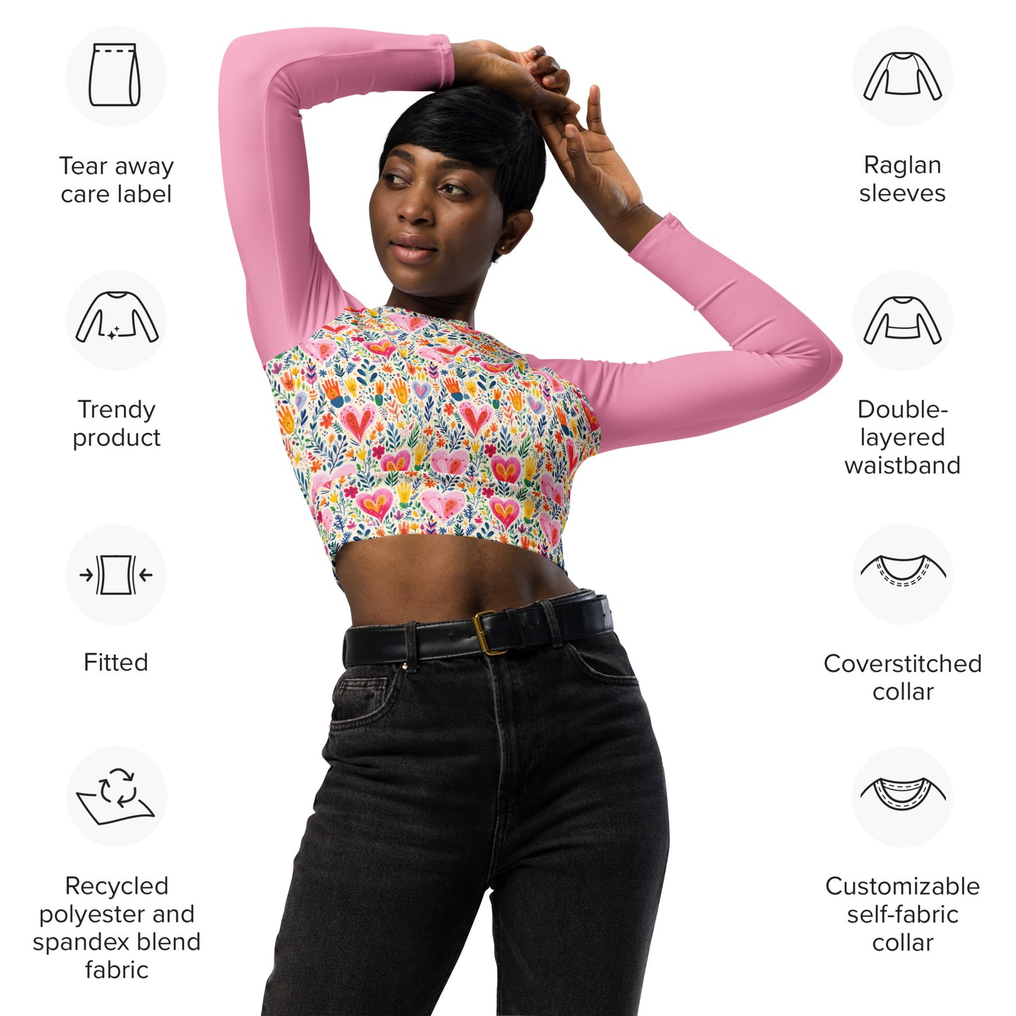 Garten with Pink Recycled Long Sleeve Athletic, Yoga, & Swim Crop Top