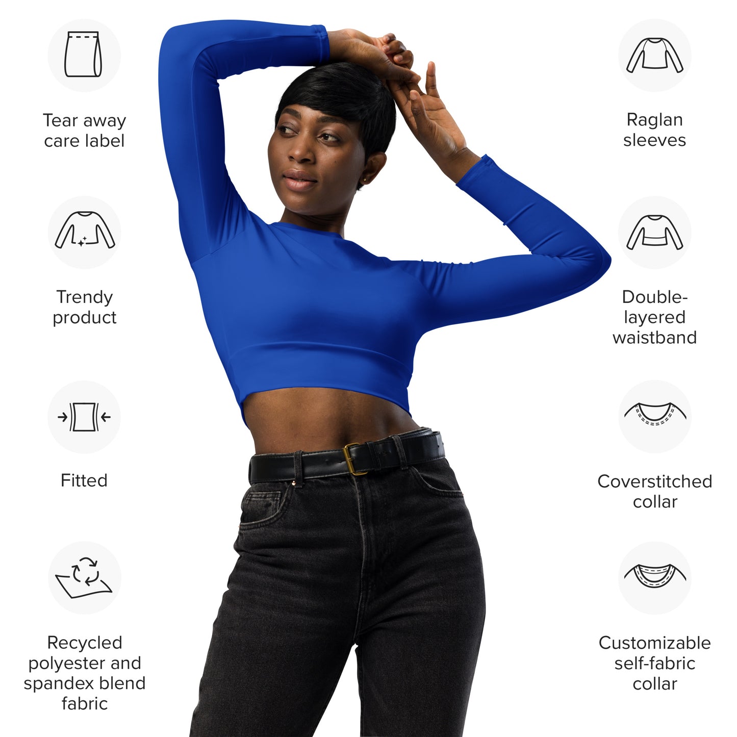 Borno Solid Blue Recycled Long Sleeve Athletic, Yoga, & Swim Crop Top