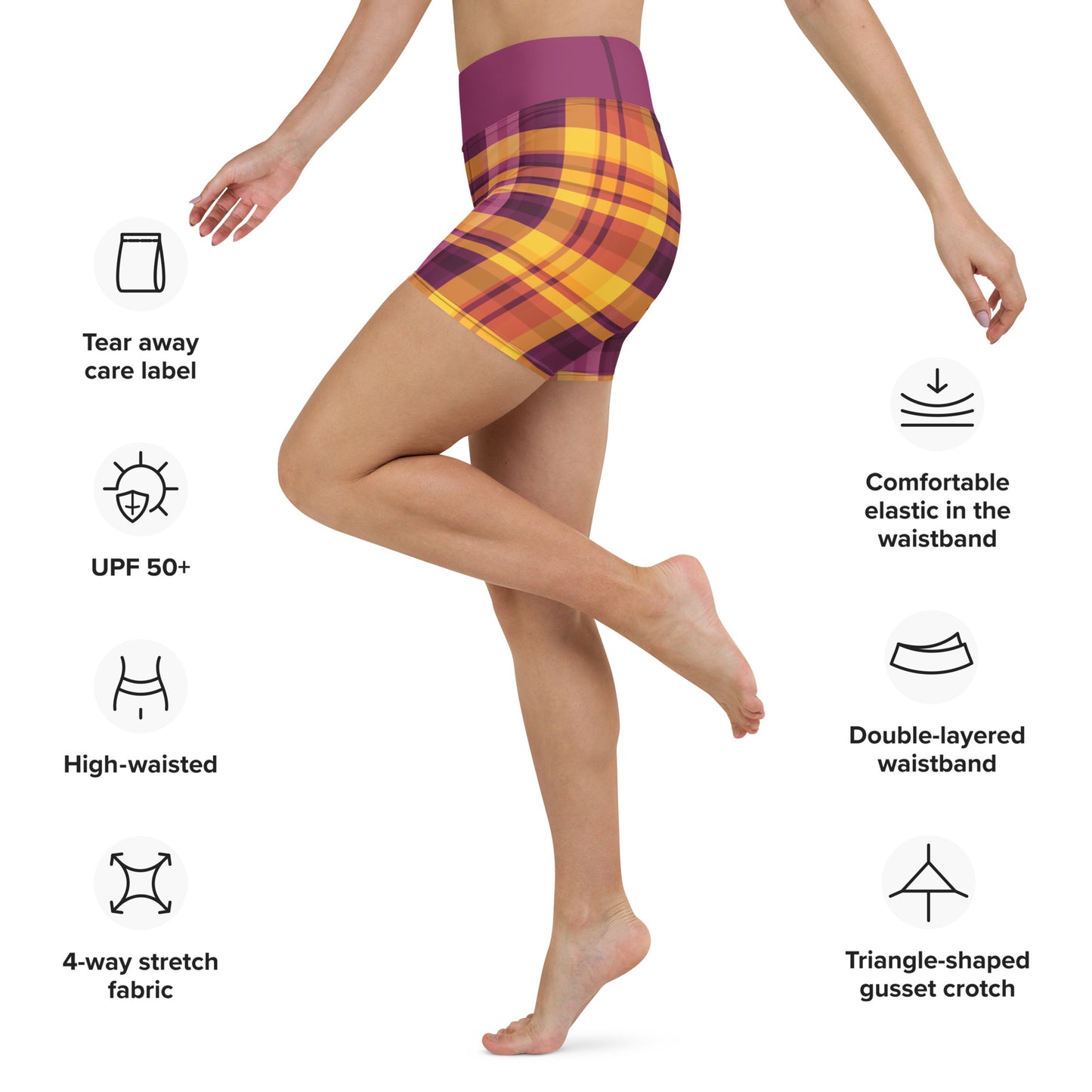 Schottenkaro High Waist Yoga Shorts / Bike Shorts with Inside Pocket